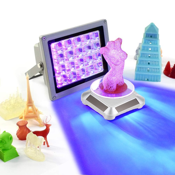 UV LED lámpakészlet 3D nyomtató gyantához, 405 nm, 60 W, 20 izzó, 360°-ban forgatható platformmal, napelemmel, 3D modellek szárításához
