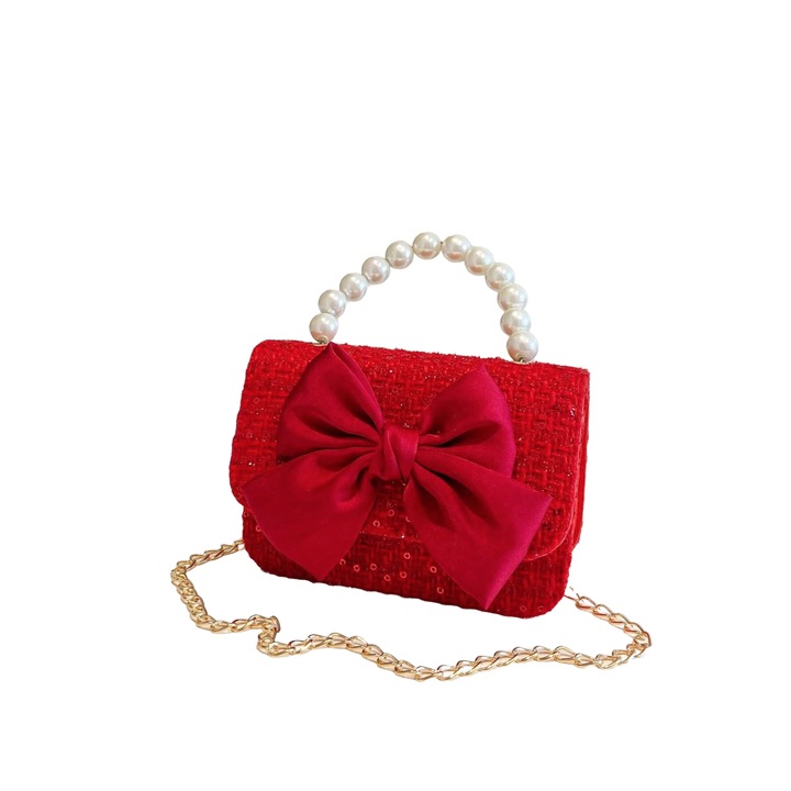 Elegáns kislány táska, piros, masnival és gyöngyös fogantyúval – Luxus kiegészítő különleges alkalmakra