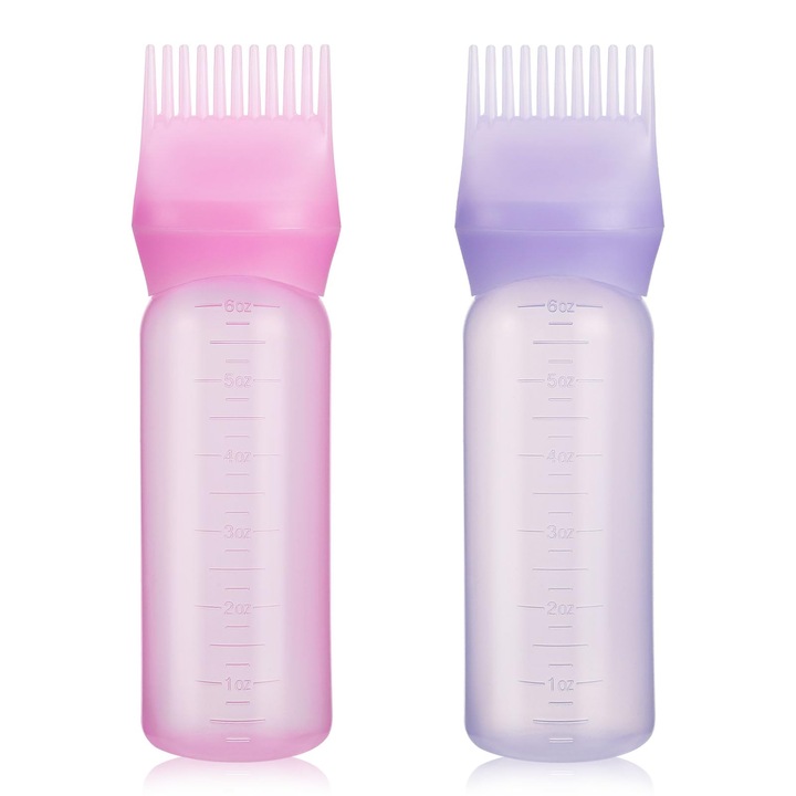 Set de 2 Sticle Aplicatoare cu Pieptene - Tesori Nascosti® 6oz Sticle Aplicatoare pentru Vopsirea Parului si Uleiuri, Gradate, pentru Salon si Uz Casnic (Roz/Mov)