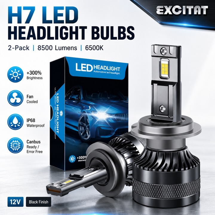 Set 2 Becuri LED Auto LED H7, Excitat®, Premium, 8500Lumeni, 6500K, 12V, Luminozitate de 300%, Cu ventilator, IP68 impermeabil, fara eroare, Canbus, Negru