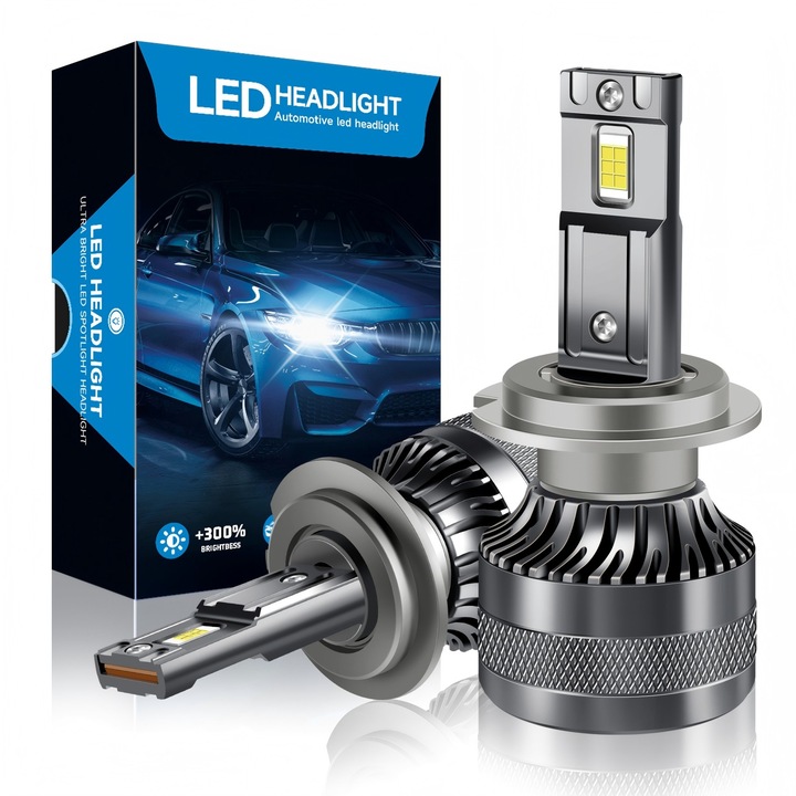 Комплект от 2 LED крушки за кола H7 Excitat® Premium, единична 35w, 6500K, 12V, 8500 лумена, 300% яркост, с вентилатор, IP68 водоустойчива, без грешки, Canbus, черна