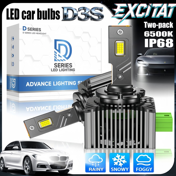 Set 2 Becuri auto LED Excitat® Premium, D3S, Plug&Play, Canbus, Single 55 W, 10000 Lumeni, Cu ventilator, fara eroare, IP68 impermeabil, Negru