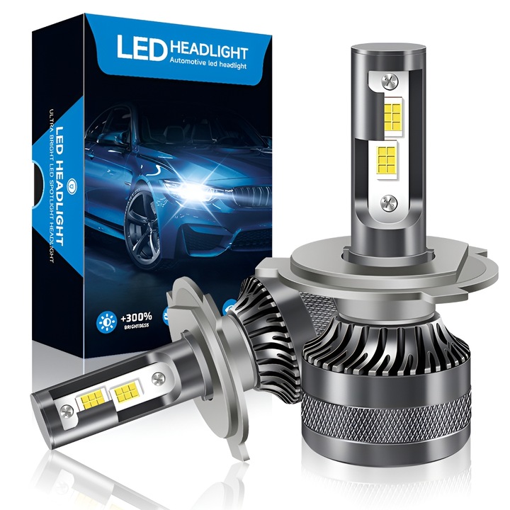 2 db Excitat® Premium H4 LED Auto izzó készlet, 300%-os fényerő, egy 35w, 6000K, 12V, 8200 lumen, ventilátorral, Canbus, IP68 vízálló, hibamentes, fekete/szürke