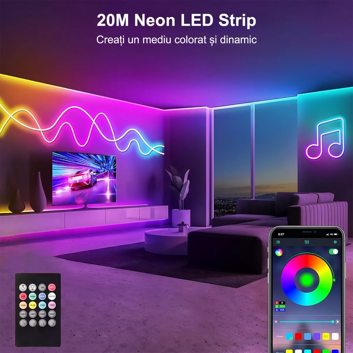LED Neonszalag RGB 20m (2 x 10m), BYLIFITY, G5429-20, Rugalmas, Színes fény, Bluetooth, Zene szinkronizálás, Telefonalkalmazás, Távirányító, Időzítő, IP68