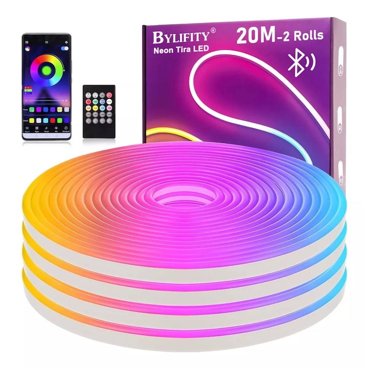 LED неонова лента RGB 20м (2 x 10м), BYLIFITY, G5429-20, Гъвкава, Цветна светлина, Bluetooth, Синхронизиране на музика, Приложение за телефон, Дистанционно управление, Таймер, IP68