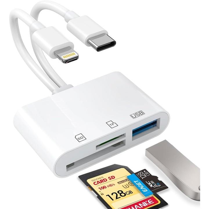 Cititor de carduri SD pentru iPhone, iPad, USB-C si Adaptor dual Lightning pentru carduri SD, Cititor de carduri de memorie pentru adaptorul de camera, Compatibil cu SD, Micro SD, USB 3.0, Fara nevoie de aplicatii sau drivere