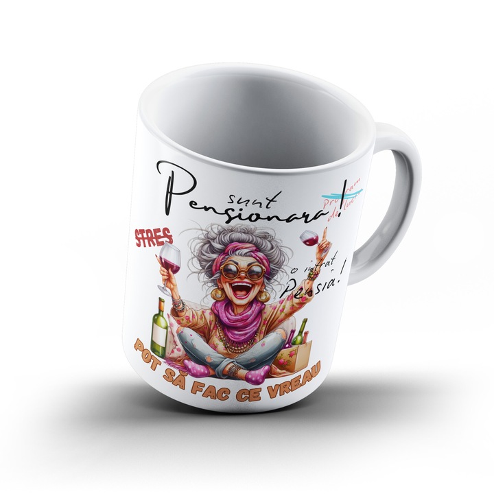 Cana Sunt Pensionata, Model 1, interior si toarta alba, ceramica, 330ml