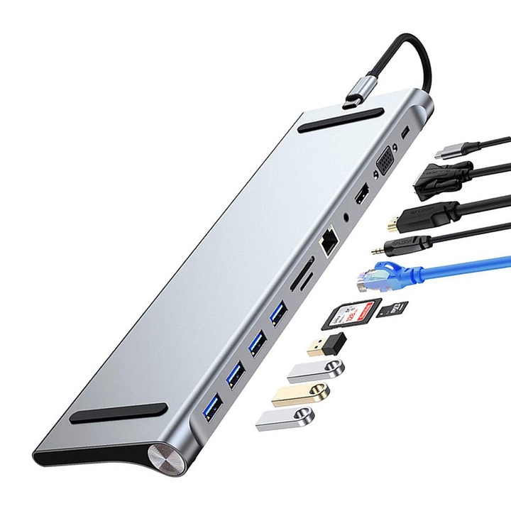 11 в 1 USB-C хъб, HDMI 4K, RJ45, 3 USB 2.0 порта, 1 USB 3.0 порт, SD/TF четец на карти, аудио жак, HDMI 4K, VGA, PD порт, бърз трансфер на данни, MacBook/iMac съвместимост, plug and play, OUYLAF, сив