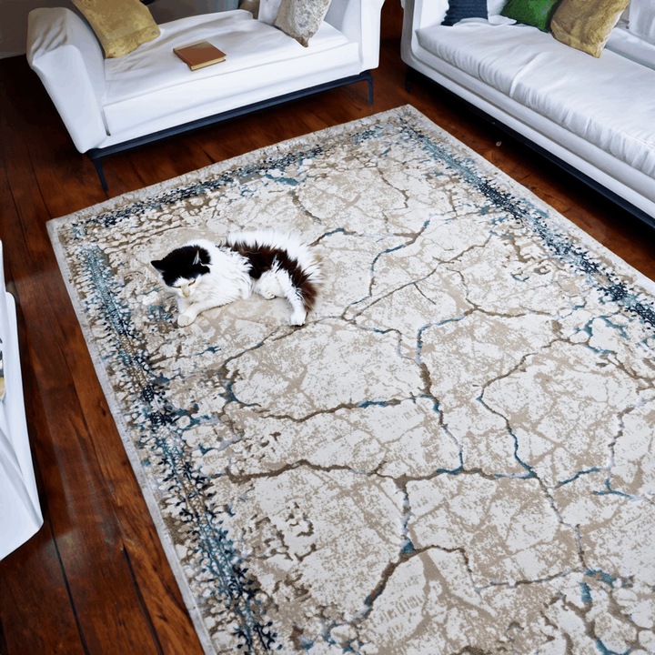 Covor Marbella Essence, Living/Dormitor, Albastru, Crem, Bej, Incalzire in pardoseala, Fir Scurt 8 mm, Dimensiuni 100x200 cm, 1750 g/m², BravaCasa