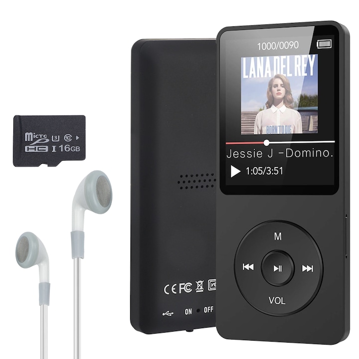 MP3 плейър AKKEE 16GB Bluetooth 5.0, FM радио, електронна книга, черен, 9x4x0.7cm