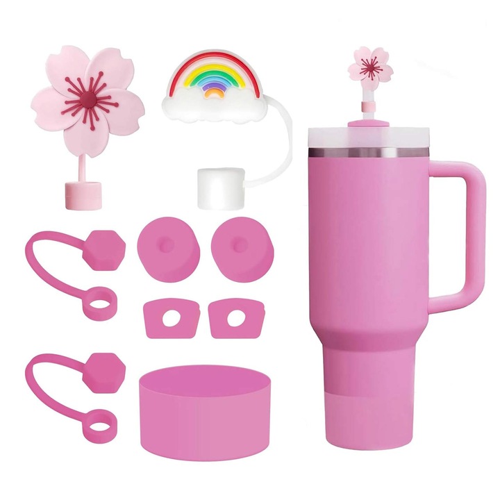 Set 6 capace pentru paie din silicon, potrivit pentru Stanley, protectie anti-praf, usor de utilizat, OUYLAF, violet