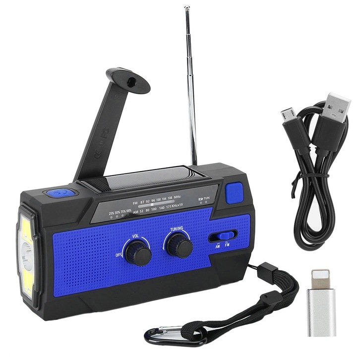 Radio portabil Bizaical MD-090P, flashlight cu manivela, functie SOS, impermeabil, albastru, 4000mAh