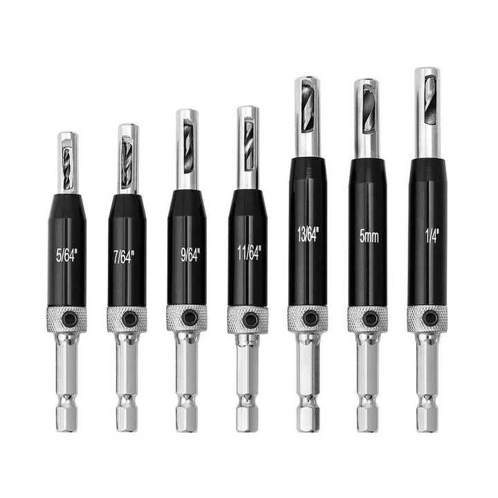 Set 7 Piese Burghie Auto-Centralizatoare, Yakumuz, 1/4" Hex Shank, 5/64"-1/4", Aluminiu, Otel 4241