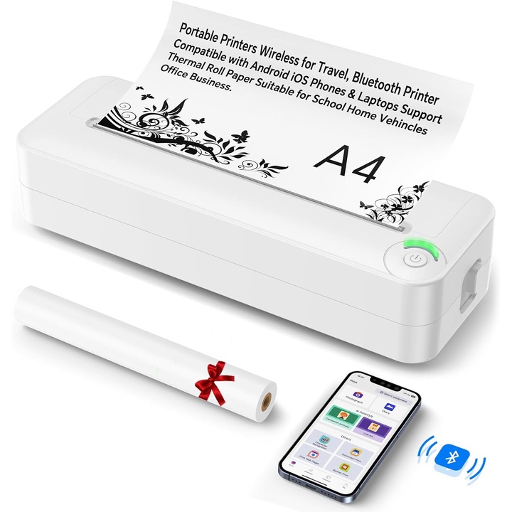 Wacorresi hordozható hőnyomtató, Bluetooth, tintamentes, A4-es hőpapírral, 2500mAh, irodába, otthonra, utazáshoz