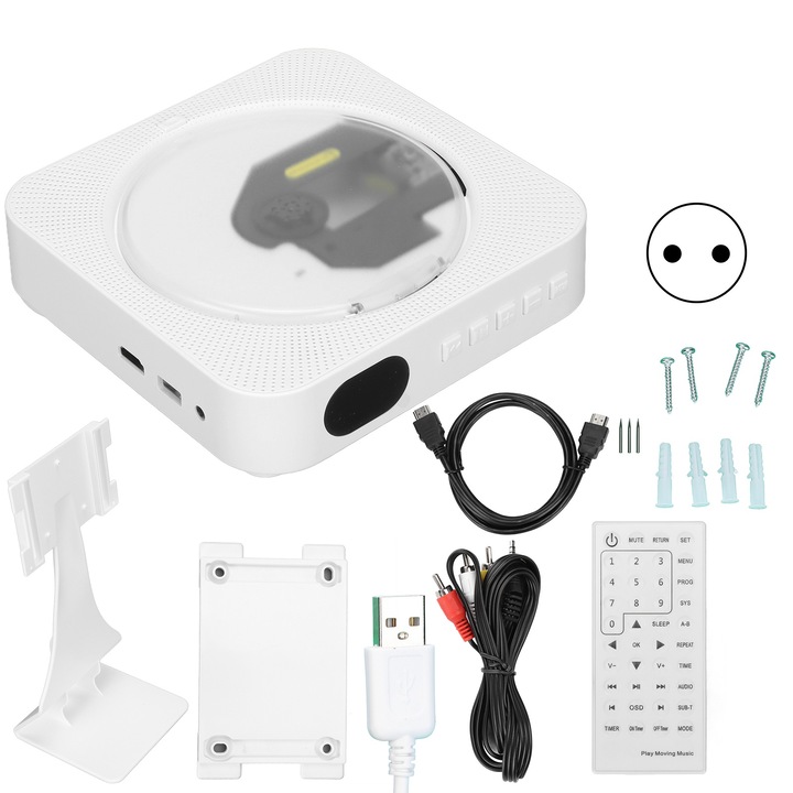 Bizaical DVD плейър, Bluetooth, бял, с вграден HiFi високоговорител, стенен монтаж, с дистанционно управление, 100-240V