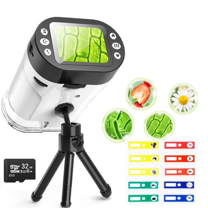 Microscop Jucarii pentru copii, Kit stiintific cu 1000x HD Video Photo Digital Mini Microscop, Jocuri de zi a familiei STEM Invatare Jucarii educationale pentru copii cu varsta peste 6 ani, WALALLA, Alb | Multicolor