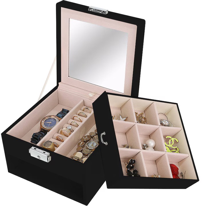 Cutie de bijuterii VarioShop®, cu sertar si oglinda, piele ecologica, interior catifea, cheie, 12 compartimente, 16x16x11cm, negru-crem