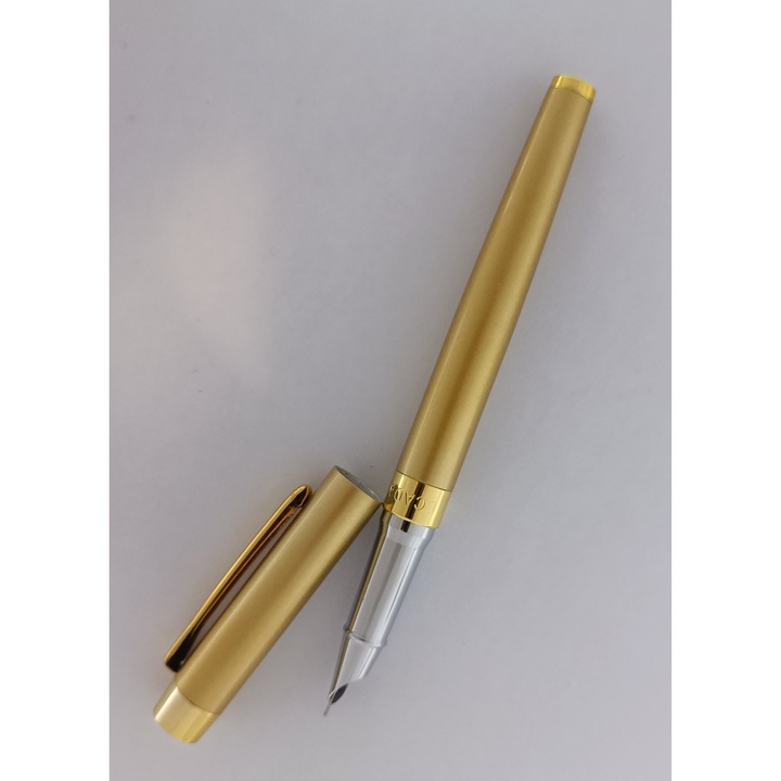 Stilou metalic Ecada, penita iridium ascunsa, culoare corp auriu mat ornamente aurii, cu convertor sau patron de cerneala standard/lung