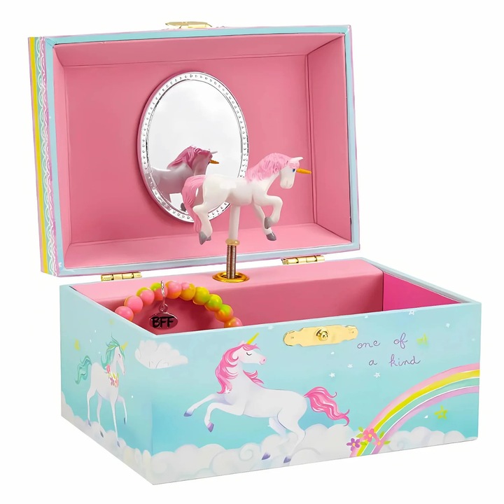 Cutie Muzicala, BRAGUS, Cutie Magica Muzicala cu Unicorn Rotativ, Cutie pentru Bijuterii, Design Elegant, 3 Bratari Incluse, Cutiuta Muzicala Animata cu Unicorn pentru Fetite, Jucarie Muzicala pentru Copii, Cutie cu Melodie, Cadoul Perfect, interior roz