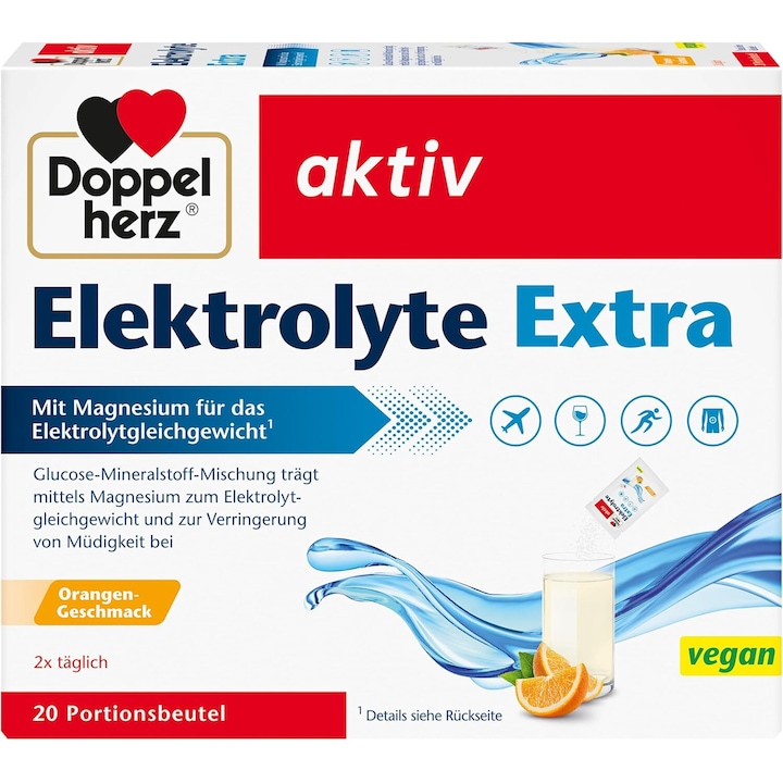 Electroliti Extra, supliment alimentar pentru Echilibrul Electrolitic, care contribuie la reducerea oboselii si la functionarea normala a muschilor si a sistemul nervos, cu Glucoza, Minerale si Magneziu,, Doppelherz, 20 pliculete