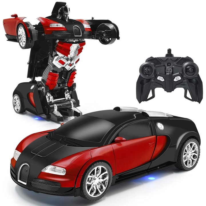 2в1 Transformers Супер бърза многофункционална кола робот CyberCar™, въртене на 360°, функционални фарове с LED светлини, дистанционно управление/дистанционно управление, звуци, автоматичен демонстрационен режим, без смущения, мащаб 1:18, черно/червено