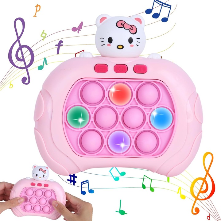 Joc interactiv Pop It game Consola, antistres, cu sunete si lumini, Kitty Roz/Alb, SALLMA®