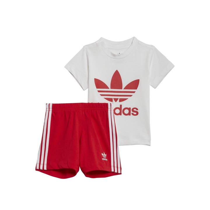 Set copii Adidas, pantaloni scurti si tricou, alb si rosu, bumbac 100%