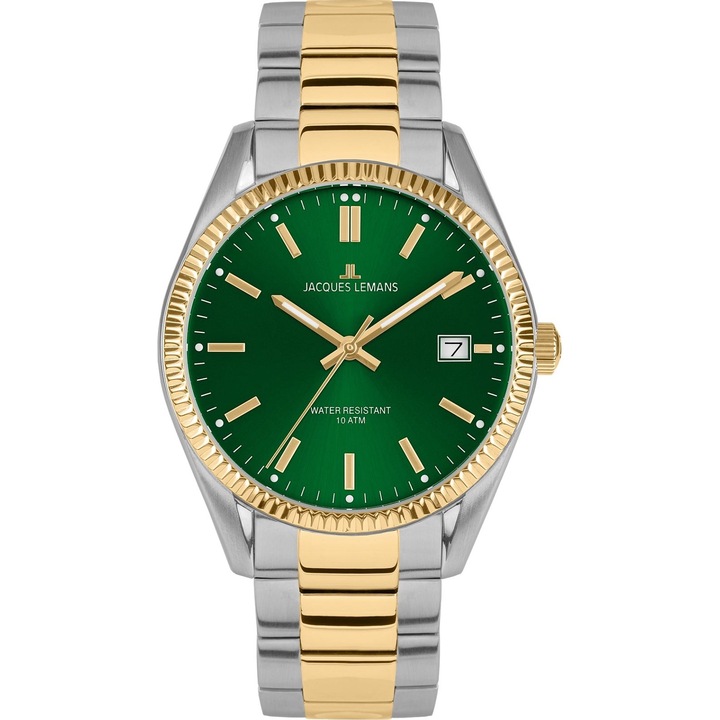 Ceas Jacques Lemans Derby, quartz Swiss Made, verde, argintiu si auriu, 10 ATM