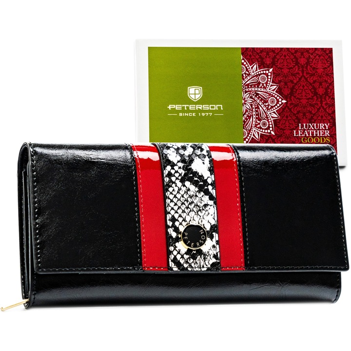 Portofel Barbati, Peterson, 11x18.5x3 cm, Piele Naturala, Inchidere Cu Capse, Protectie RFID, Compartimente Pentru Carduri Si Bancnote, Negru/Rosu/Alb