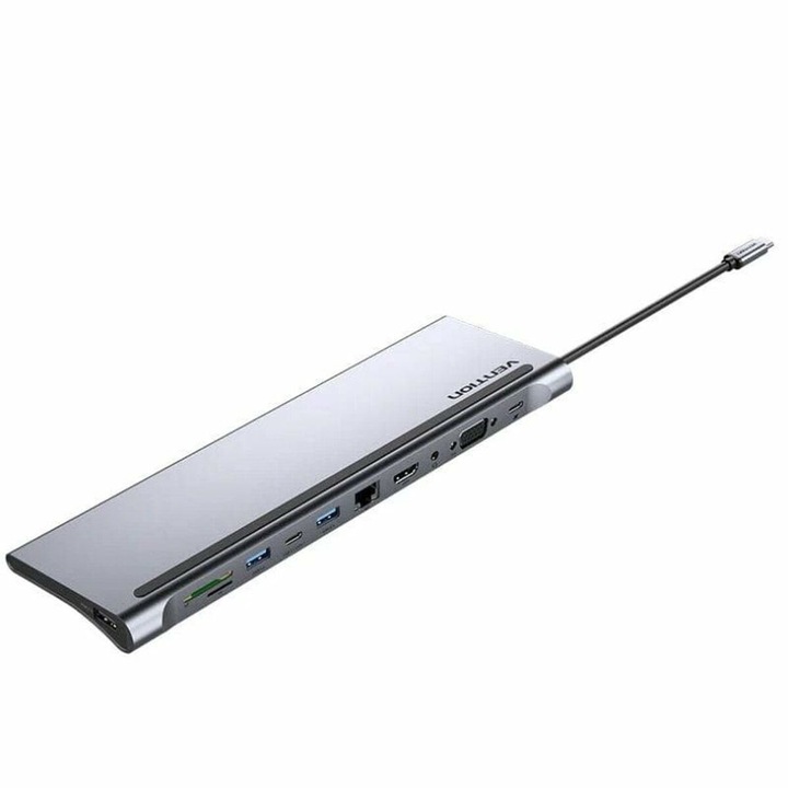 Vention USB хъб, THTHC, сив, четец на карти, 3xUSB, HDMI, VGA, RJ45, Micro SD, 3.5 мм жак