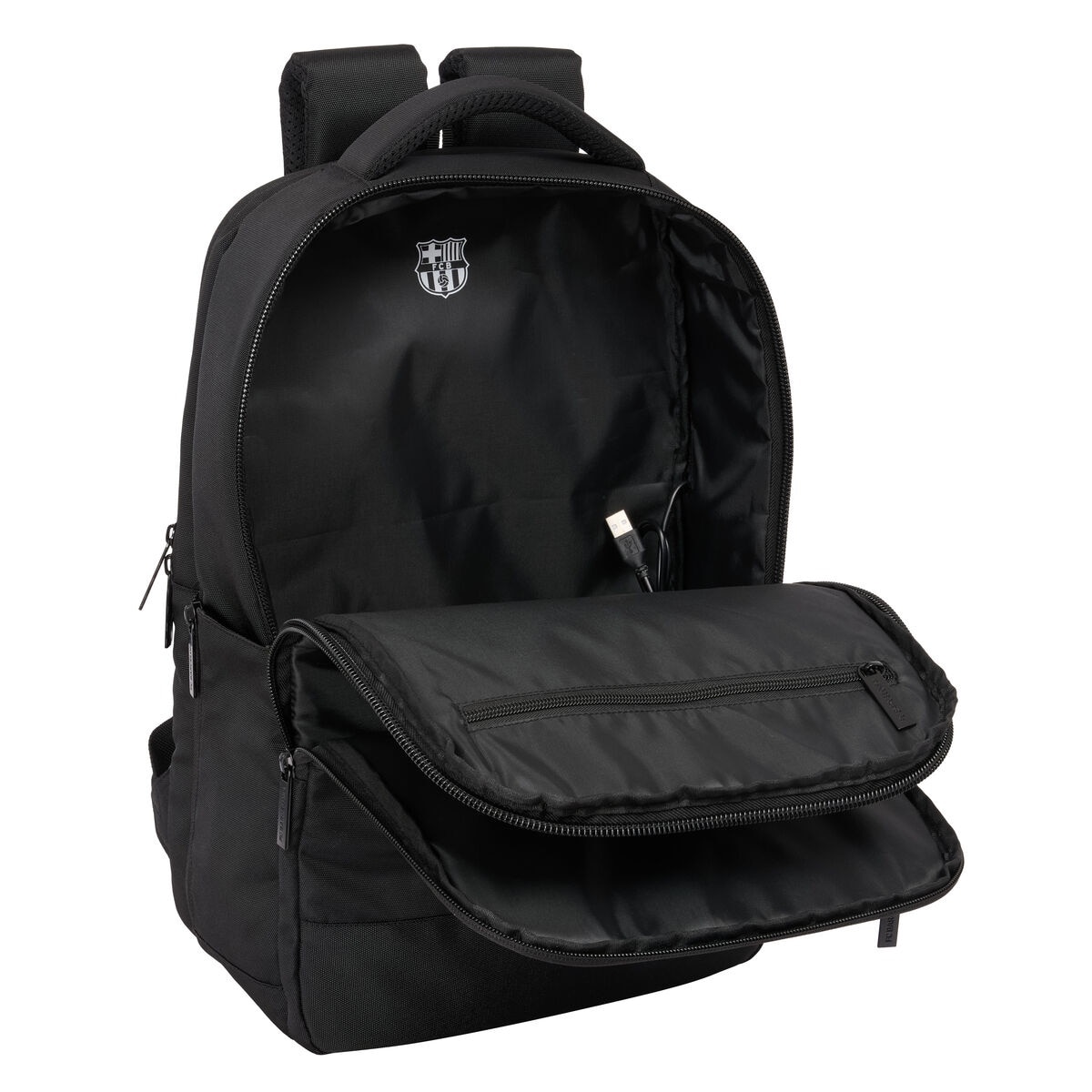 Rucsac laptop F.C. Barcelona, negru, 29x44x15 cm, cu conexiune USB, compartimente multiple