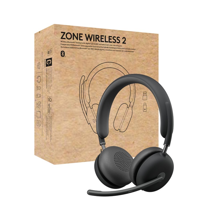 Слушалки, Logitech Zone Wireless 2 Headset, Teams - GRAPHITE