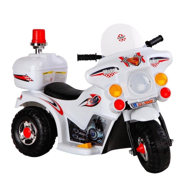 NOVOKIDS akkumulátoros elektromos motorkerékpár gyerekeknek, sportmotor, zenével és fényekkel, elektromos robogó, 3 kerék, tolatás, fehér