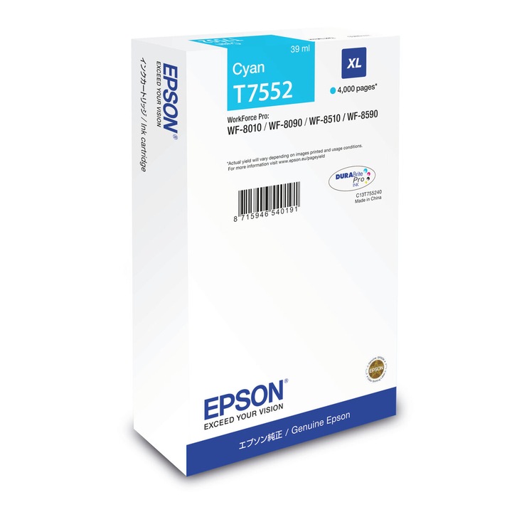 Tintasugaras nyomtatópatron, Epson, T7552, cián, 140g
