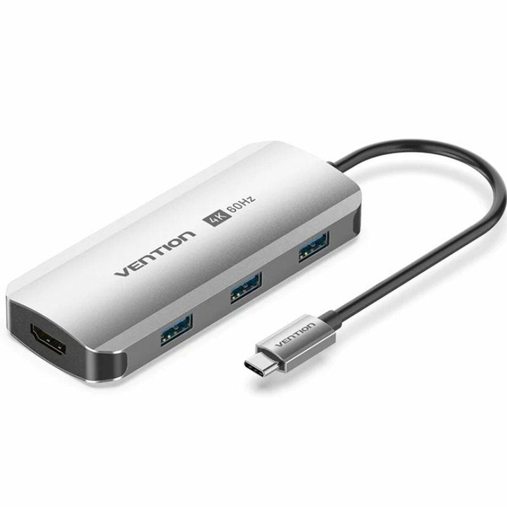 Hub USB Vention TQDHB, gri, 3x USB, HDMI, USB-C, 15cm