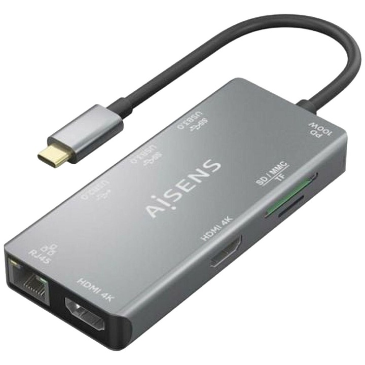 USB хъб Aisens ASUC-9P018-GR, 4K Ultra HD, 10/100/1000 Mbps, сив