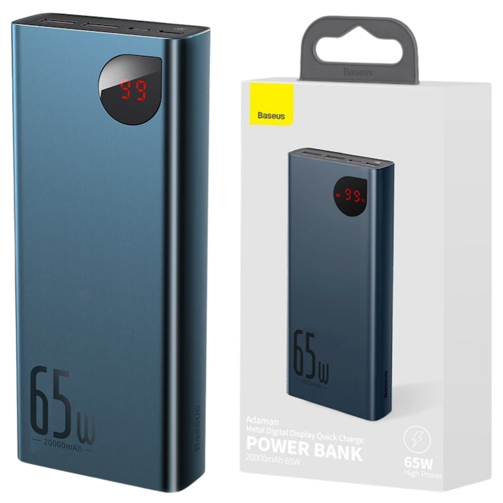 Baterie Externa Baseus Adaman 2x USB / 1x USB tip C / 1x micro USB 20000mAh 65W Quick Charge 4.0 Power Delivery albastru (PPIMDA-D03)