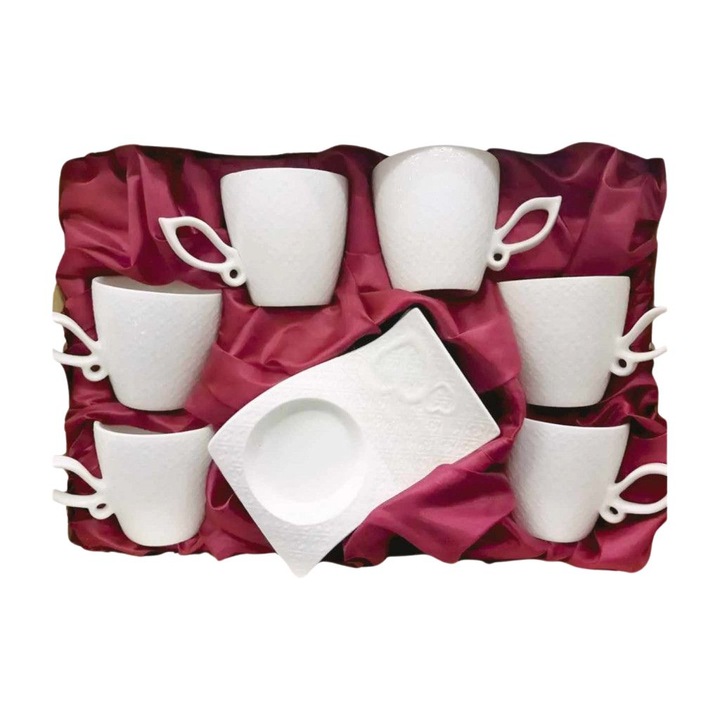 Порцеланов комплект от 12 части, Чаши за кафе, Модел: Инициали сърца, Съвместимост: 150 милилитра, Цвят: Бял