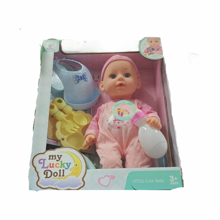 Кукла бебе с аксесоари My Lucky Doll, Функции: Възпроизвежда бебешки звуци, Размер: 30 сантиметра, Цвят на дрешките: Розов