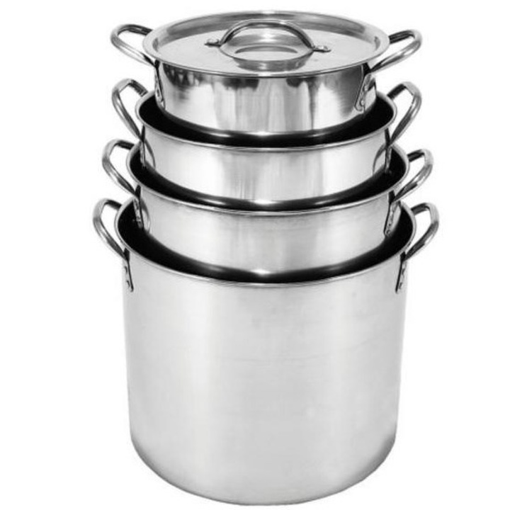 Комплект 4 броя тенджери Stockpots, Голям капацитет, Материал: Неръждаема стомана, Размер: 24, 26, 28, 30 сантиметра, 5/7/8/10 литра Цвят: Сребрист