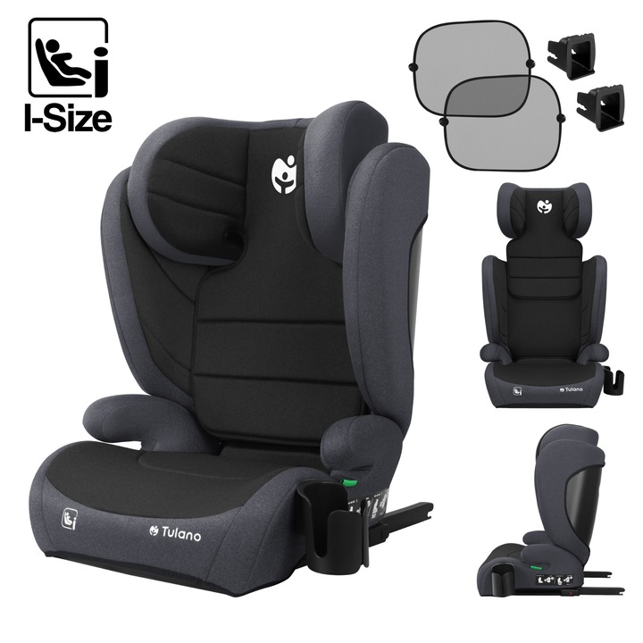Столче за кола Tulano Joy 35, ISOFIX 100-150cm I-Size, регулиране на височината на облегалката за глава в 13 стъпки, черно/сив