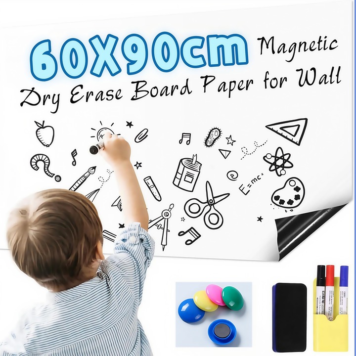 Бяла дъска, магнитна самозалепваща се дъска, Wacorresi, самозалепваща се дъска за писане за стена, с 6 магнитни закопчалки, 1 гума за бяла дъска, 1 магнитен органайзер, пирон без следи, 3 химикалки, гъвкава, за многократна употреба, 60X90 см, бяла