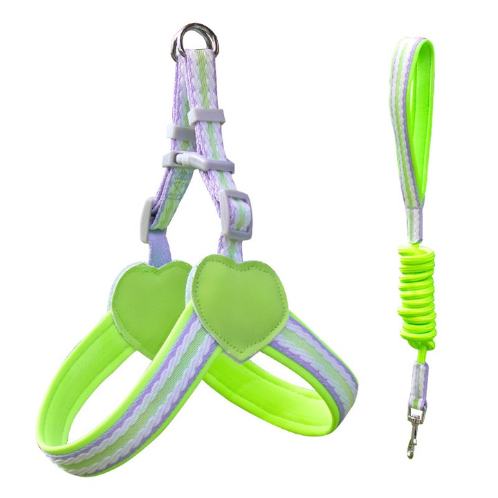 Lesa pentru caini cu vesta, 1.5m, ajustabila, antiderapanta, verde