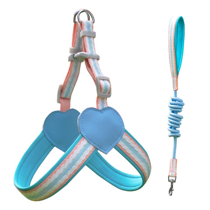 Lesa pentru caini cu vesta, 1.5m, ajustabila, antiderapanta, albastra