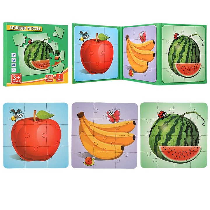 Магнитен пъзел, 3 в 1, Сгъваем, Ранно обучение, Плодове, За деца