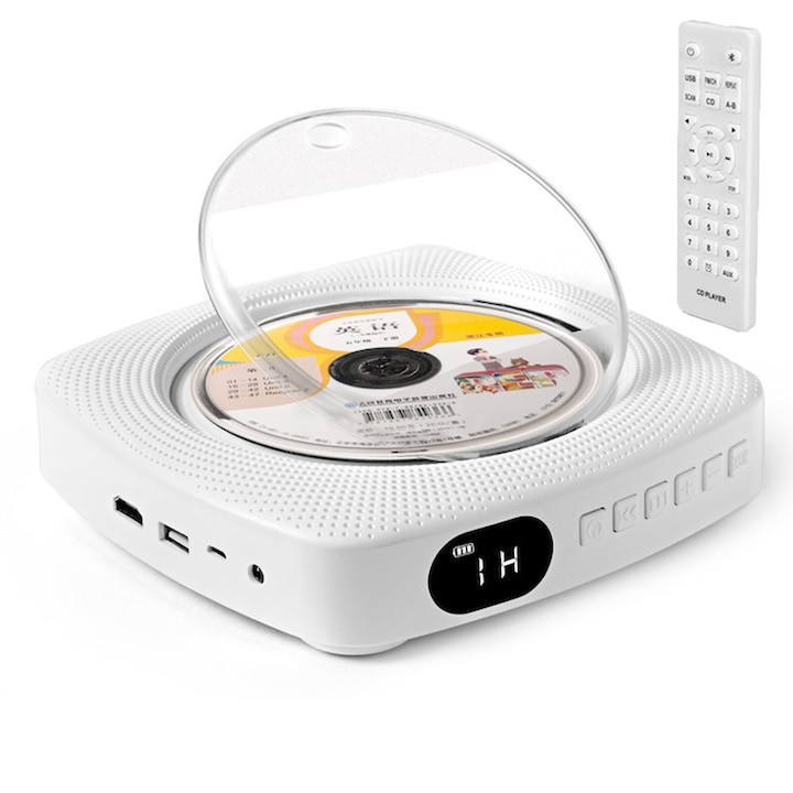 CD player, difuzor Bluetooth HiFi, player flash USB, boombox audio AUX line-in, radio FM, portabil, montabil pe perete si suport de birou, cu telecomanda, WALALLA, alb