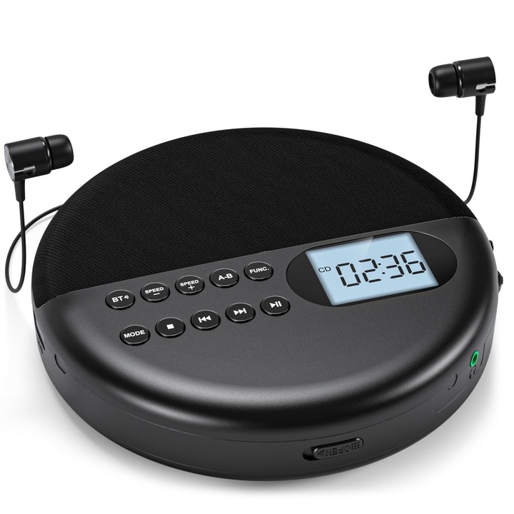 CD Player portabil cu difuzoare, reincarcabil, 1500 mAh, suport pentru functia de memorie card TF, afisaj LCD ASP, porturi duble pentru casti, cu cablu AUX, WALALLA, negru