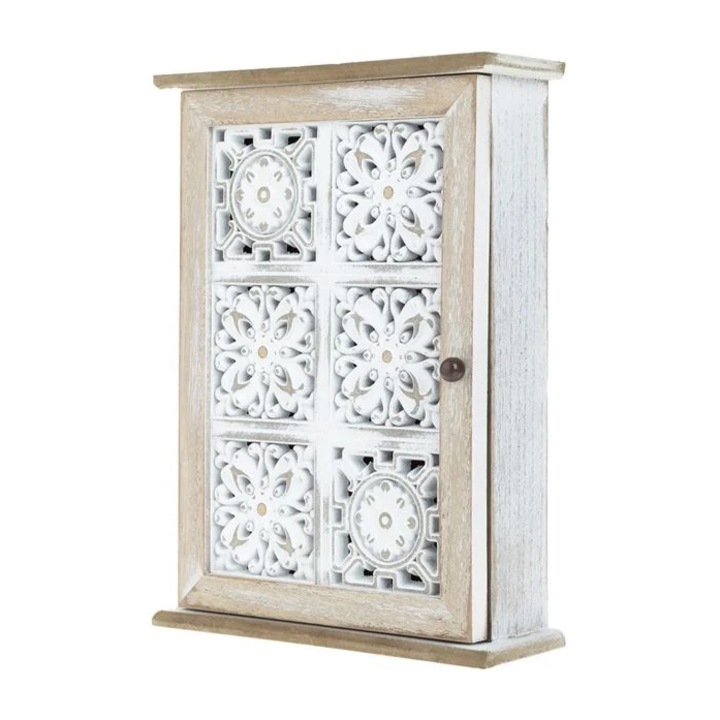 Кутия за ключове, Дърво, Релефни мотиви, 6 закачалки, 21x28x7 см