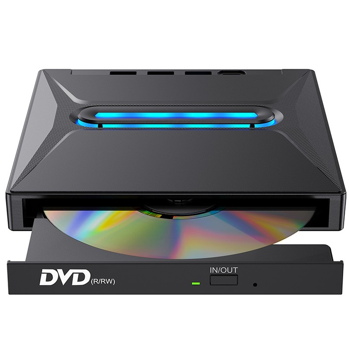 DVD записващо устройство, цветни светлини, SD карта, USB 3.0, 5Gbps, Plug and Play, компактно и преносимо, черно