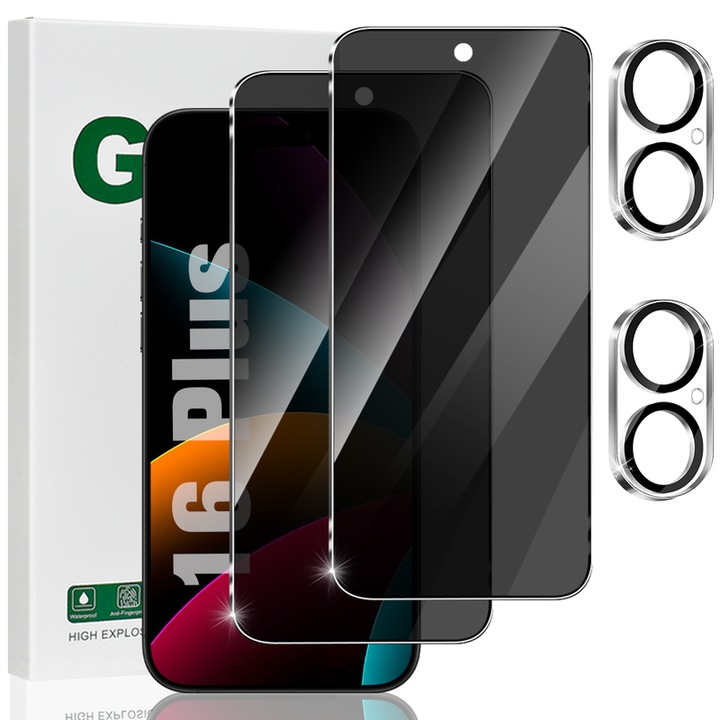 Комплект от 4 протектора за екран за iPhone 16 Plus, Letang, 2 протектора за екран, 2 протектора за лещи, 6,7 инча, Anti-Spy, твърдост 9H